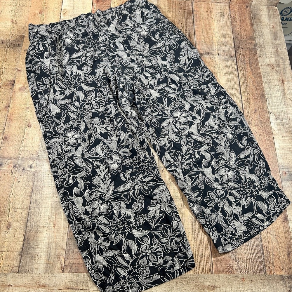 Lane Bryant 24 Black White Floral Linen Blend Wide Leg Pants Elastic Waist Boho